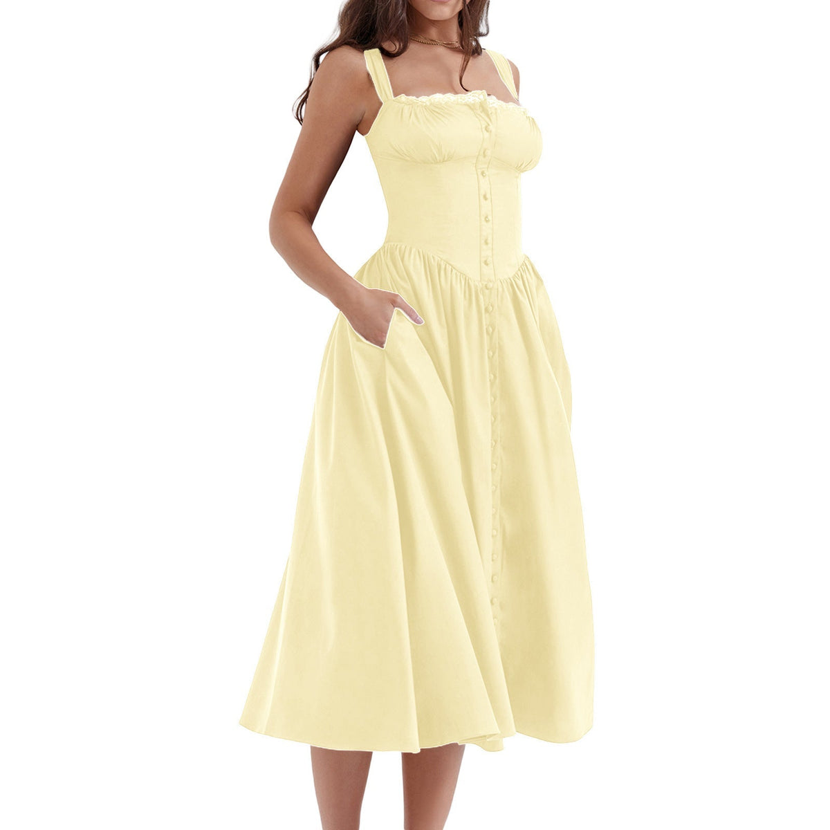 Floral Midi Corset Dress with Square Neck - Women's Smocked Lace-Up Sundress for Wedding Guest & Beach Holiday Parties