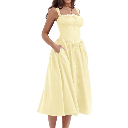 Floral Midi Corset Dress with Square Neck - Women's Smocked Lace-Up Sundress for Wedding Guest & Beach Holiday Parties