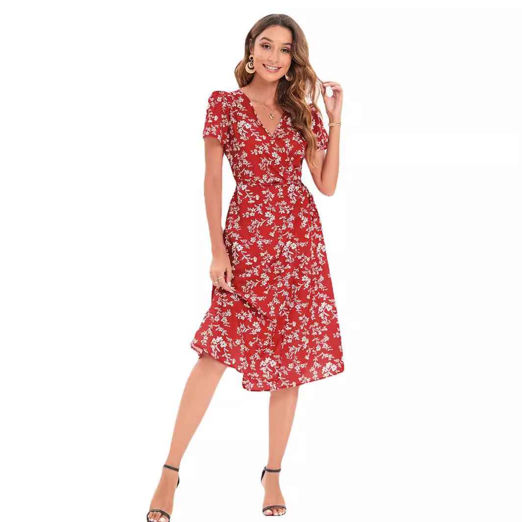 Vacation Wind ins Vintage Long Dress Small Floral Beach Summer Dress Women V Neck