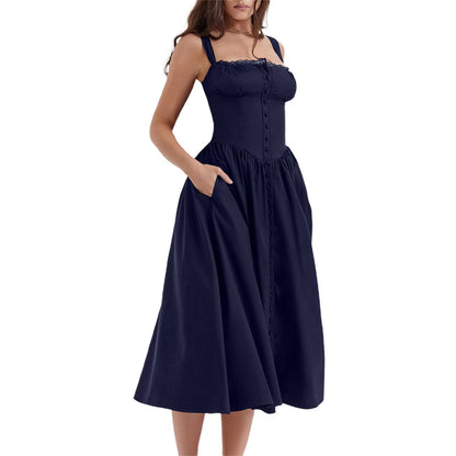 Floral Midi Corset Dress with Square Neck - Women's Smocked Lace-Up Sundress for Wedding Guest & Beach Holiday Parties