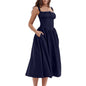 Floral Midi Corset Dress with Square Neck - Women's Smocked Lace-Up Sundress for Wedding Guest & Beach Holiday Parties