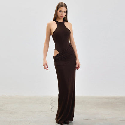 French Elegant Women Halter Dress Women Retro Cropped Outfit Hollow Out Cutout out Patchwork Maxi Dress
