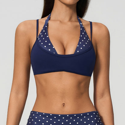 Summer Faux Two Piece Yoga Bra Contrast-Color Beauty Back Sling Halter Multi Strap Women Sports Bra