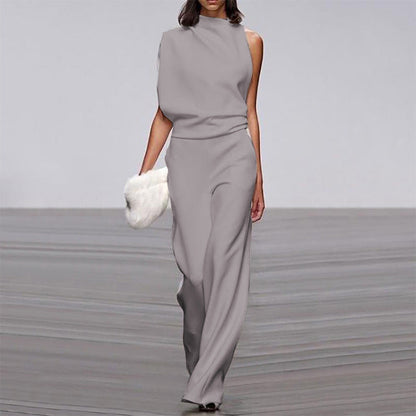 Women Pants Solid Color One Shoulder Pile Collar Jumpsuit Popular Dress Trousers