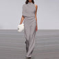 Women Pants Solid Color One Shoulder Pile Collar Jumpsuit Popular Dress Trousers