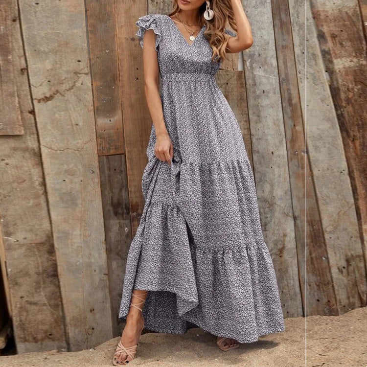 Women Clothing Summer Bohemian V-neck High Waist Print Vacation Dress Stitching Floral Dress