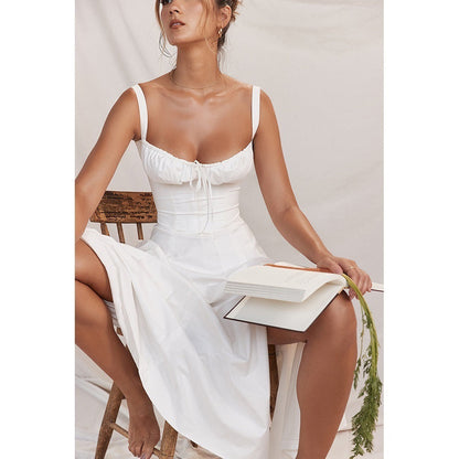 Sleeveless Strapless Bandage Corset Dress - Floral Print Long Midi Dress with Lace Up Back & Thigh Slit