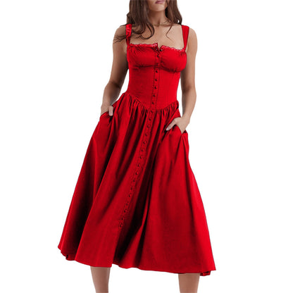 Floral Midi Corset Dress with Square Neck - Women's Smocked Lace-Up Sundress for Wedding Guest & Beach Holiday Parties