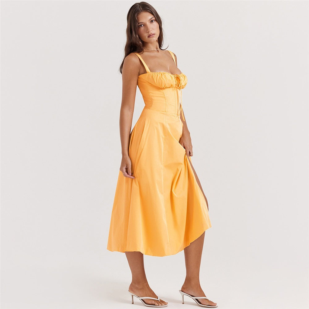 Sleeveless Strapless Bandage Corset Dress - Floral Print Long Midi Dress with Lace Up Back & Thigh Slit