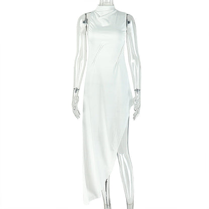Solid Color Tight Women High Collar Slimming Asymmetric Dress Design Sleeveless Simple Backless Maxi Dress