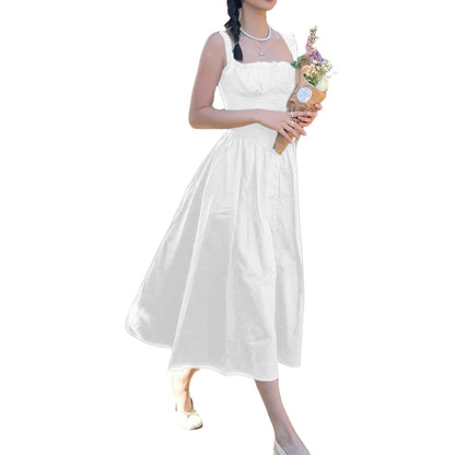 Floral Midi Corset Dress with Square Neck - Women's Smocked Lace-Up Sundress for Wedding Guest & Beach Holiday Parties
