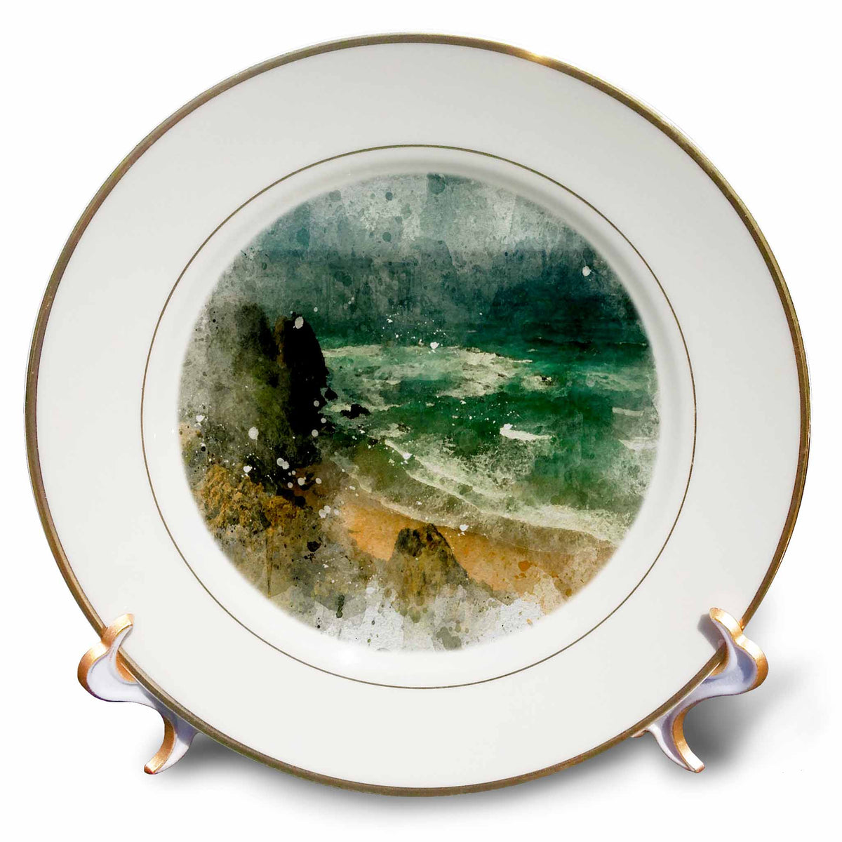 3dRose Pretty Emerald Green Seaside Beach Image of Watercolor - Plates (cp_349432)