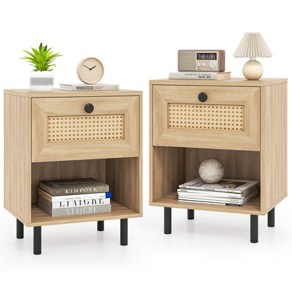 Rattan Nightstand Boho End Table with Rattan Drawer and Open Shelf Set of 2
