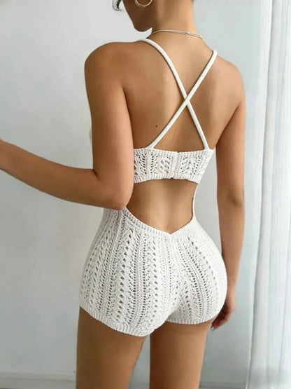 Boho Crochet Romper: White, Front Tie, Backless