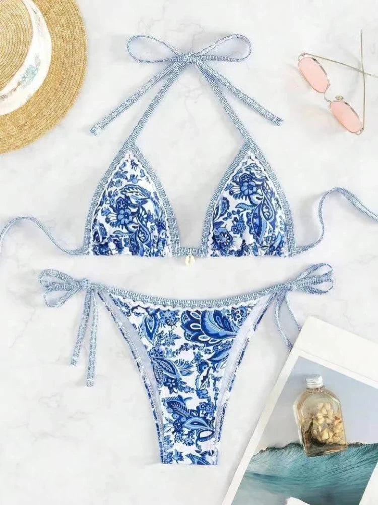 2025 Halter String Triangle Two Piece Bikini Women Swimwear Female Swimsuit Bathers Bathing Swimming Suit Beachwear Summer
