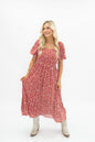 Puff Sleeve Midi Dress, Red Floral