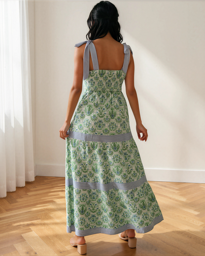 Lily Floral Print Striped Patchwork Detail Sleeveless Dress（Runs Small ）