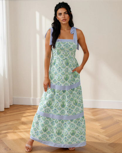 Lily Floral Print Striped Patchwork Detail Sleeveless Dress（Runs Small ）