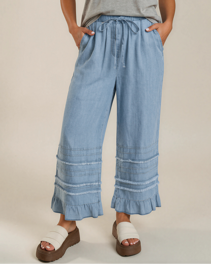 Frankie Ruffled Hem Wide Leg Chambray Pants