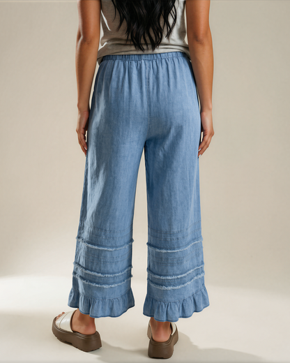 Frankie Ruffled Hem Wide Leg Chambray Pants