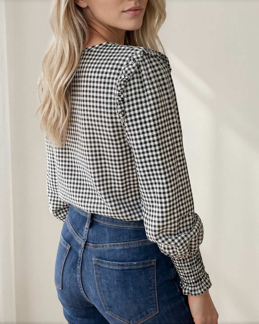Ava Plaid Ruffle Blouse | Shirred Cuff Cotton Top