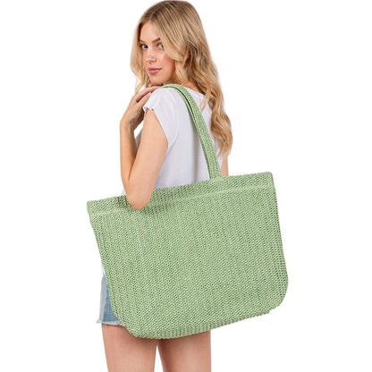 Women's Solid Crochet Straw Tote Bag / Beach