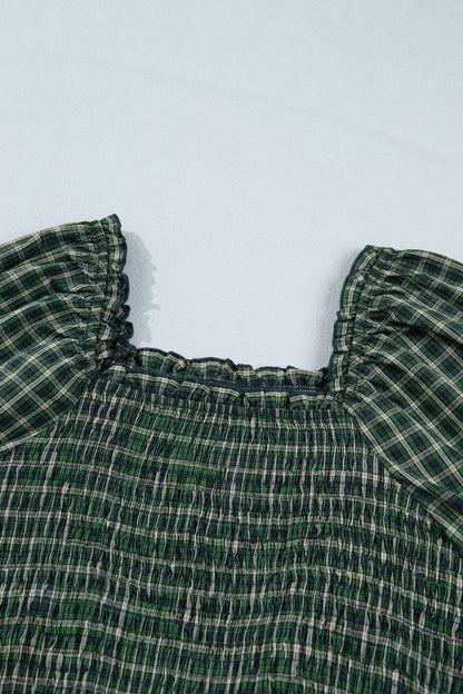 Daisy Plaid Square Neck Shirred High Waist Ruffle Hem Dress