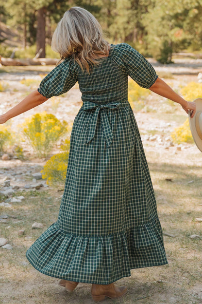 Daisy Plaid Square Neck Shirred High Waist Ruffle Hem Dress