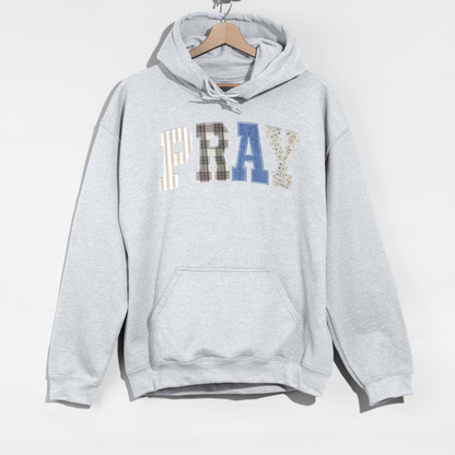 PRAY Patchwork Hoodie – Faith-Inspired Cozy Sweatshirt