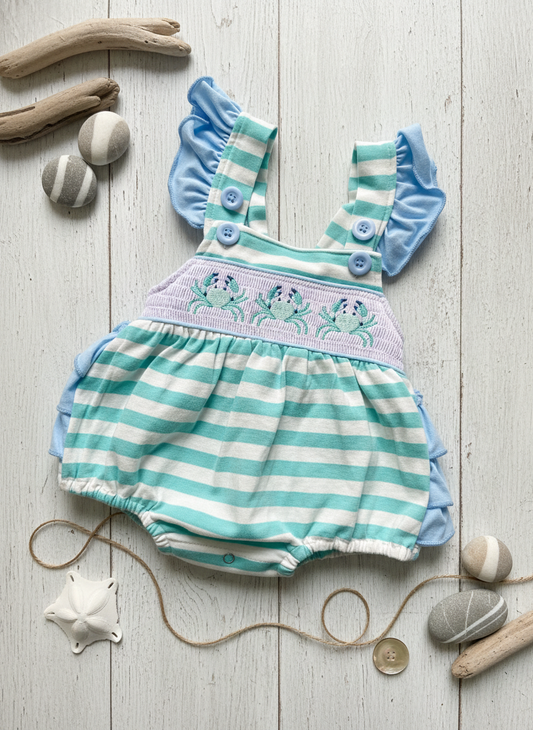 Seaside crab stripe smocked bubble romper with a ruffle back