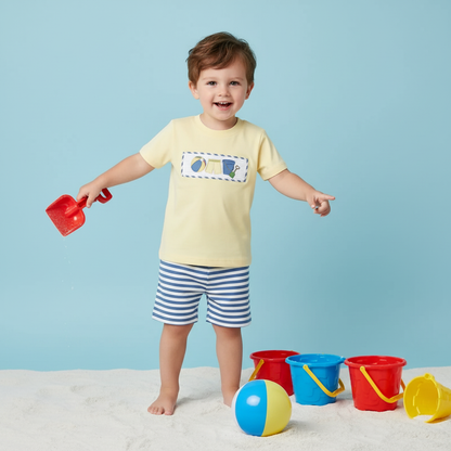Smocked Beach ball boy short set.