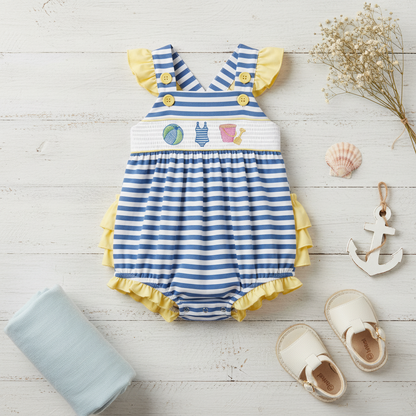 Smocked and embroidered beachball bubble romper