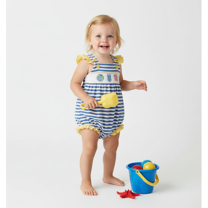 Smocked and embroidered beachball bubble romper