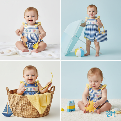 Smocked and embroidered beachball bubble romper