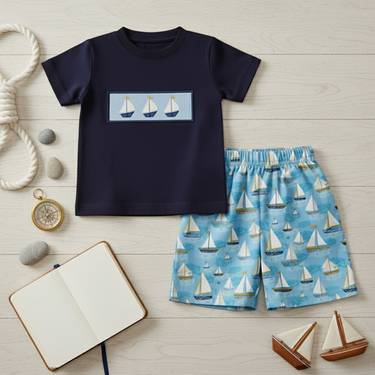 Sailboat Smocked Short set