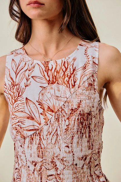 SO ME Shell Print Smocked Fit And Flare Mini Lined Dress