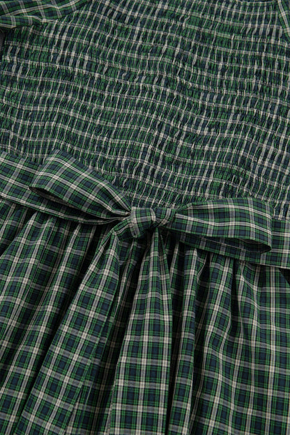 Daisy Plaid Square Neck Shirred High Waist Ruffle Hem Dress