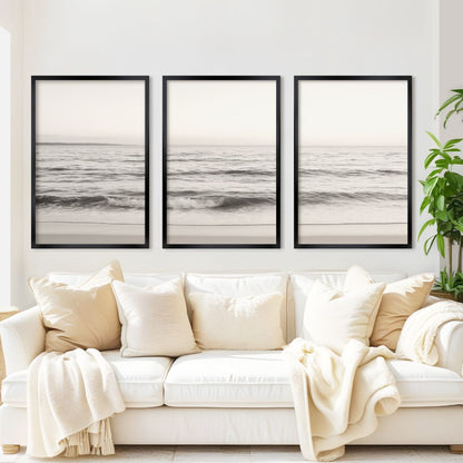 Seaside Triptych – Minimalist Ocean Wall Art in Muted Tones