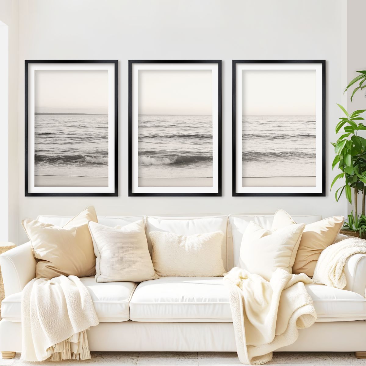 Seaside Triptych – Minimalist Ocean Wall Art in Muted Tones