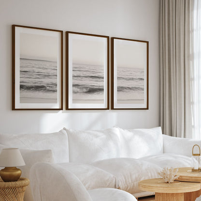 Seaside Triptych – Minimalist Ocean Wall Art in Muted Tones