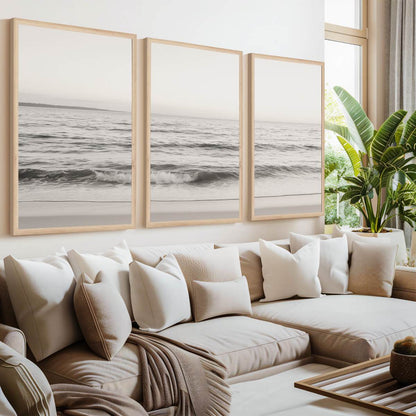 Seaside Triptych – Minimalist Ocean Wall Art in Muted Tones
