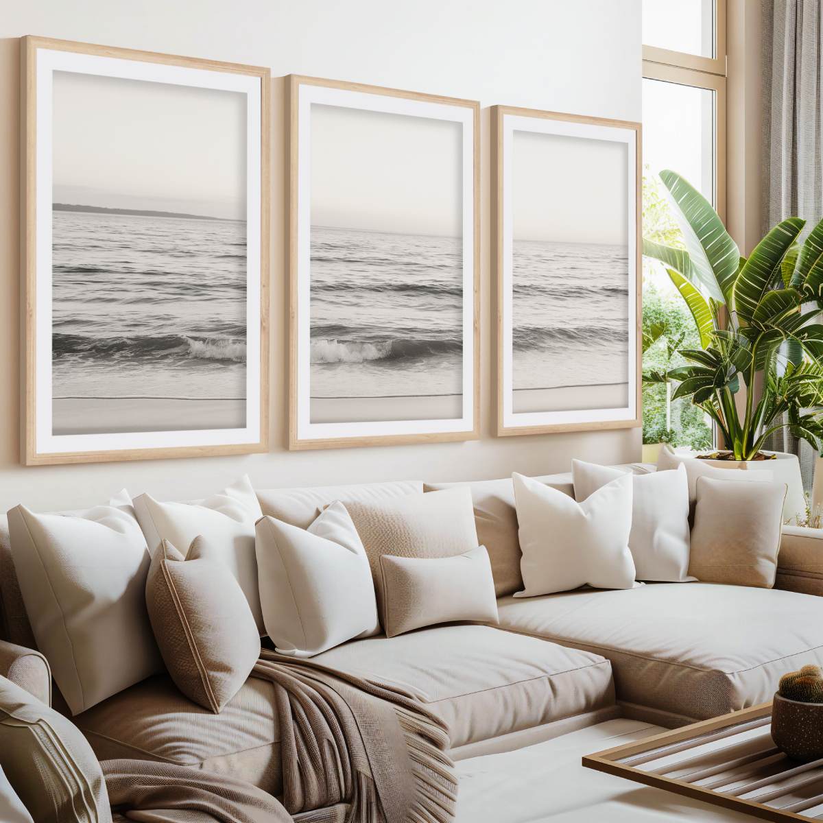 Seaside Triptych – Minimalist Ocean Wall Art in Muted Tones