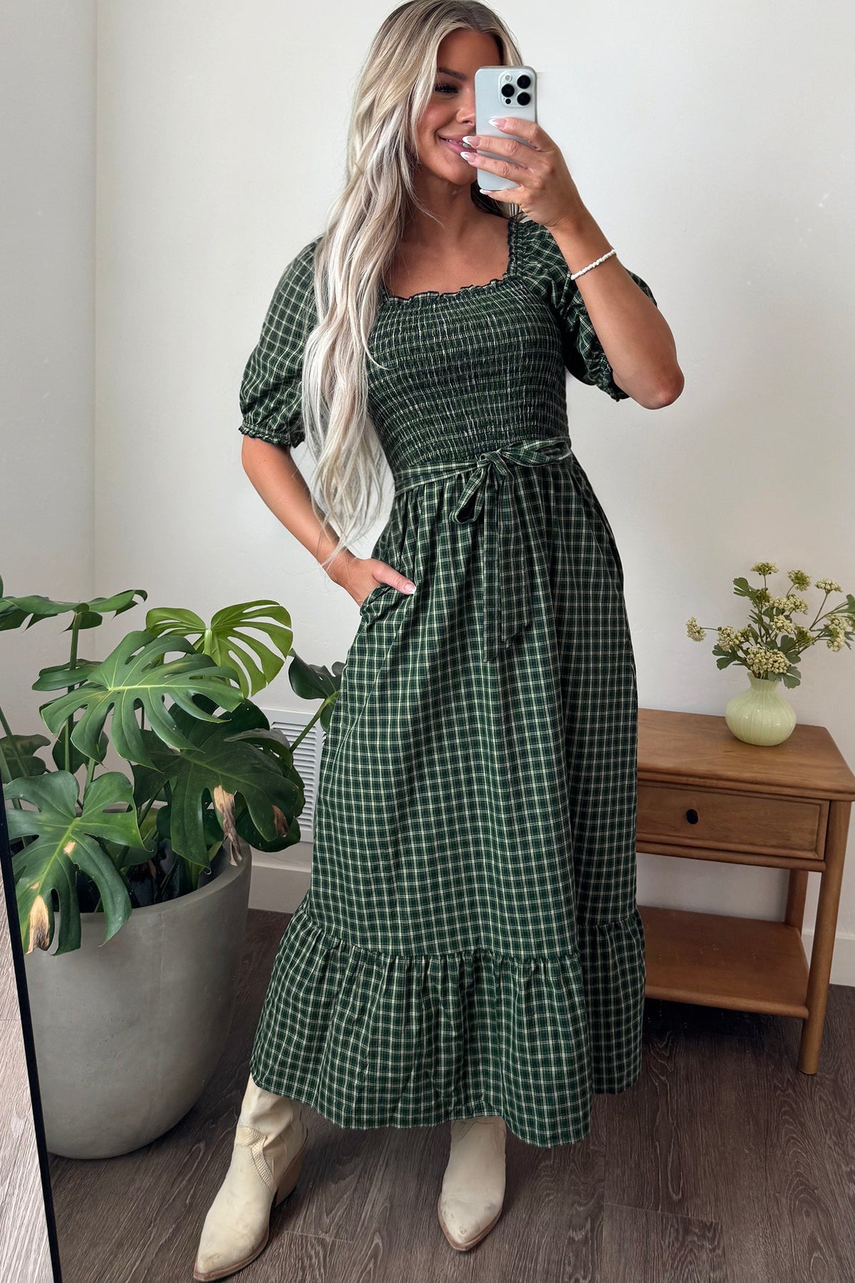 Daisy Plaid Square Neck Shirred High Waist Ruffle Hem Dress
