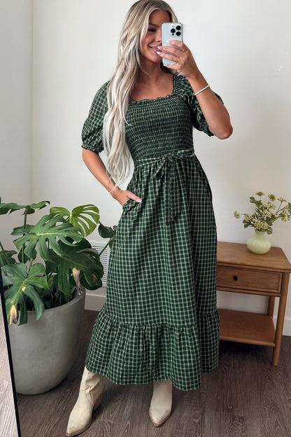 Daisy Plaid Square Neck Shirred High Waist Ruffle Hem Dress