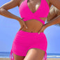 Coastal Curve Halter Bikini Set for Women – V-Neck Crisscross Drawstring Swimsuit with Chic Ring Detail & High-Waisted Boxer Shorts for Summer – Sleek Two-Piece Nylon Swimwear for Women’s Beach & Poolside Style