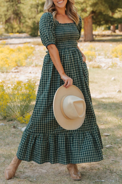 Daisy Plaid Square Neck Shirred High Waist Ruffle Hem Dress