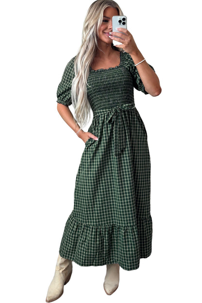 Daisy Plaid Square Neck Shirred High Waist Ruffle Hem Dress