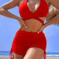 Coastal Curve Halter Bikini Set for Women – V-Neck Crisscross Drawstring Swimsuit with Chic Ring Detail & High-Waisted Boxer Shorts for Summer – Sleek Two-Piece Nylon Swimwear for Women’s Beach & Poolside Style