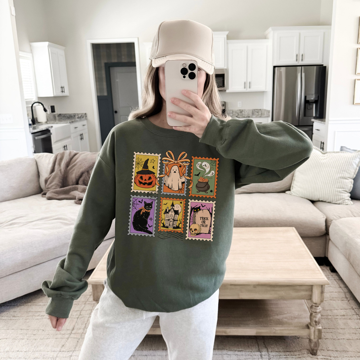 Halloween Stamps Crewneck Sweatshirt | Vintage Spooky Graphic Pullover