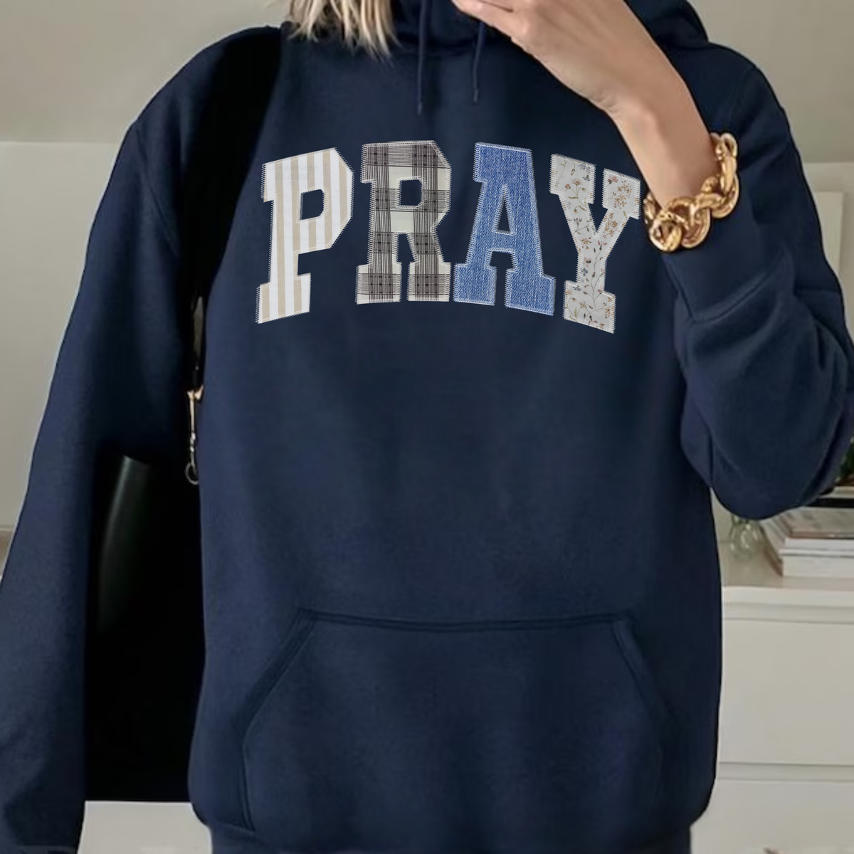 PRAY Patchwork Hoodie – Faith-Inspired Cozy Sweatshirt